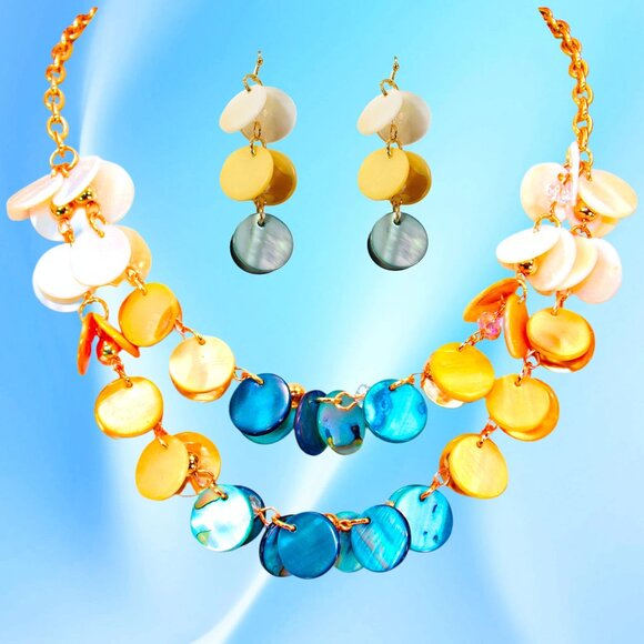 Multi color shell necklace and earring set in blue, beige, and white shell disk - Picture 4 of 12